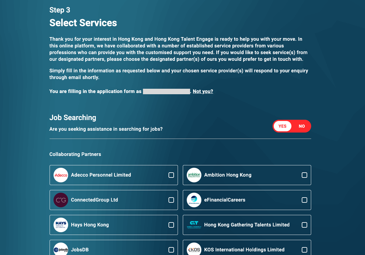 Select the service type(s) you require, choose the desired service providers, and fill in any additional preferences or requirements